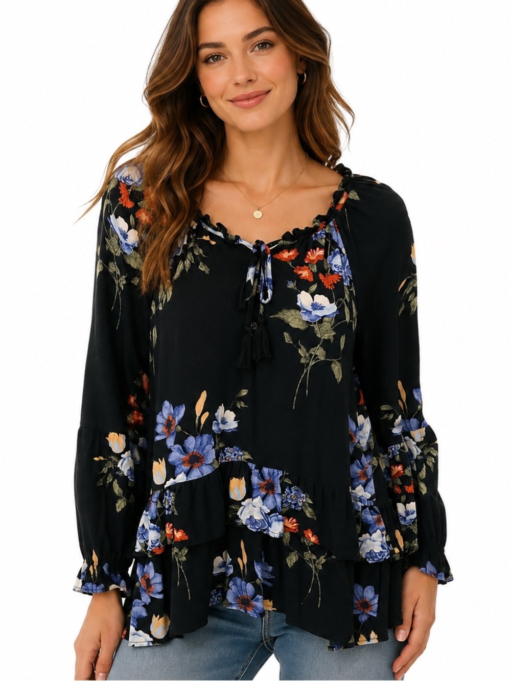 American Eagle Black Floral Peplum Long Sleeve Blouse Top M Boho Cottagecore